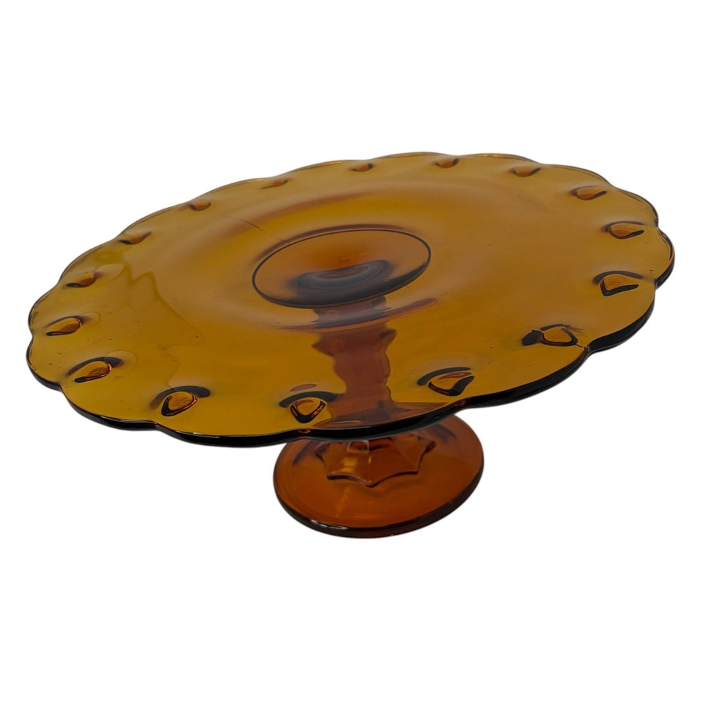 Vintage Indiana Glass Amber Teardrop Pedestal Cake Stand 10.75" Scalloped Plate
